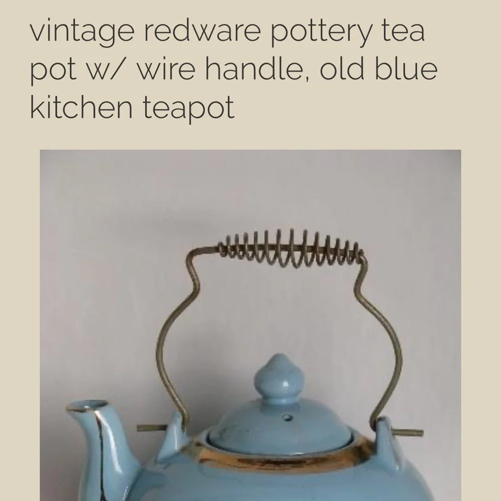 - Vintage Redware Pottery Tea Pot with Wire Handle, old baby blue kitchen teapot